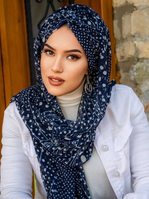 Lacivert Beyaz Puan Desenli Hazır Şifon Şal