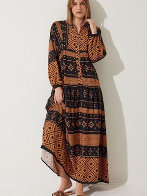 Siyah Kahverengi Desenli Oversize Yazlık Viskon Elbise