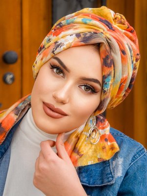 Sarı Turuncu Desenli Tokalı Bone