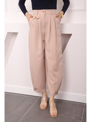 Bej Yüksek Bel Paça Detaylı Pantolon