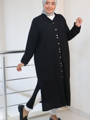 Siyah Büyük Beden Düğmeli Hakim Yaka Dokuma Bürümcük Tunik