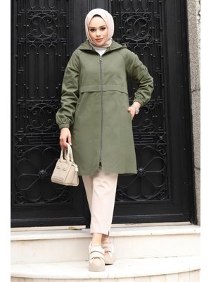 Haki Pat Detaylı Fermuarlı Kot Kap