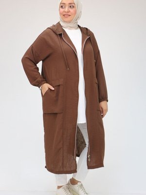 Kahve Büyük Bedeni Keten Airobin Kapüşonlu Kap