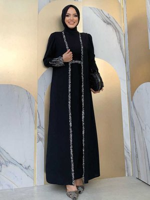 Taş İşleme Detaylı Yelekli Elbise Takım Siyah
