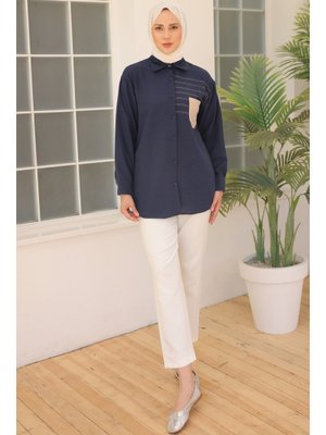 Lacivert Nakış Detaylı Cepli Gömlek