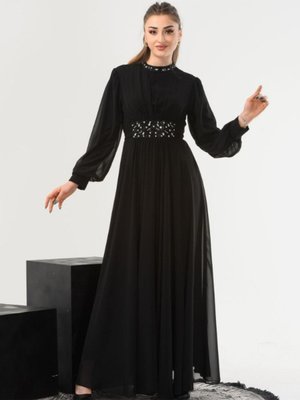 Bel Ve Yaka Taş Detaylı Abiye Elbise