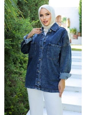 Koyu Mavi Oversize Çift Cepli Kot Ceket