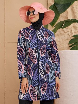 Mor Paraşüt Yaprak Desen Tam Kapalı Mayo