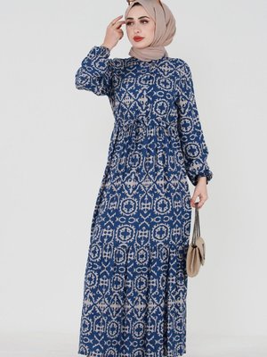 Etnik Desenli Beli Tünelli Viskon Elbise Mavi Etnik Desenli Beli Tünelli Viskon Elbise Mavi