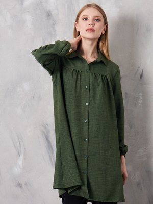 Önü Büzgülü Kolu Lastikli İthal Keten Tunik Gömlek