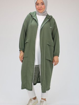 Haki Büyük Bedeni Keten Airobin Kapüşonlu Kap