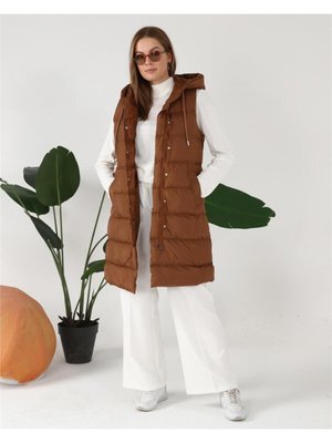 Kapüşonlu Kolsuz Şişme Uzun Yelek Taba