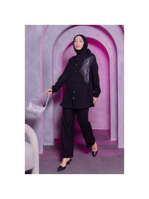 Yaprak Taşlı Keten Takım