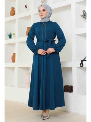 Petrol Mavi Önden Fermuarlı Taş Detaylı Ferace