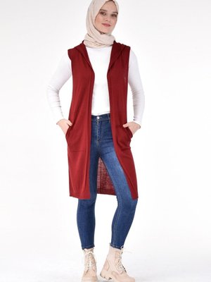 Bordo Kapüşonlu Çift Cepli Uzun Yelek Bordo Kapüşonlu Çift Cepli Uzun Yelek