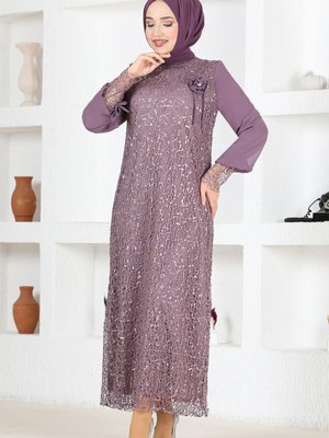 File Pullu Güllü Abiye Elbise Lila