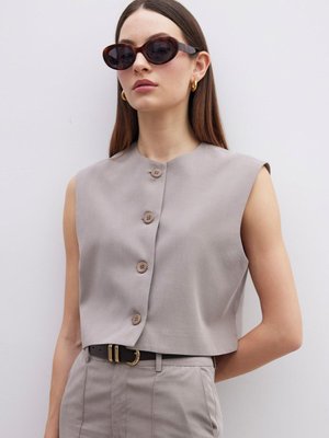 Önden Düğmeli Kısa Yelek Vizon