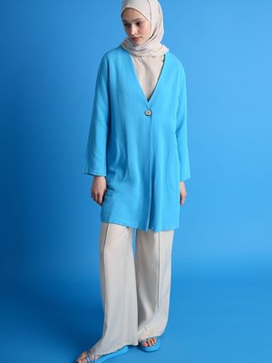 Turkuaz Tek Düğmeli V Yaka Cepli Keten Yırtmaçlı Ceket