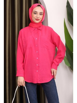 Fuşya Cepli Keten Gömlek