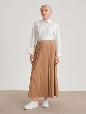 Piliseli Yüksek Bel Etek Camel