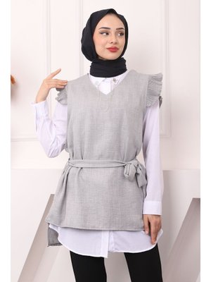 Gri Kemerli Tunik Pantolon İkili Kombin Takım Gri Kemerli Tunik Pantolon İkili Kombin Takım