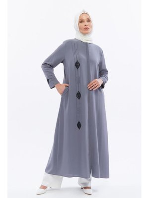 Taşlı Büyük Beden Yazlık Ferace Gri