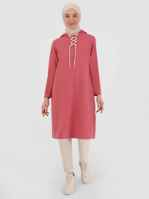 Kapüşonlu Uzun Sweatshirt Gül