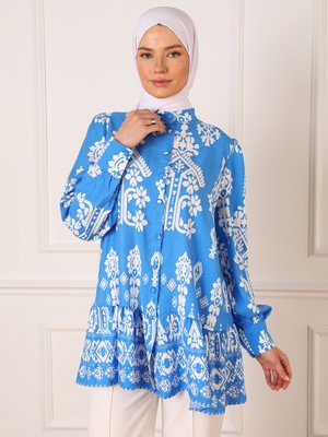 Koyu Saks Viskon Kumaşlıdesenli Rahat Kalıp Tunik