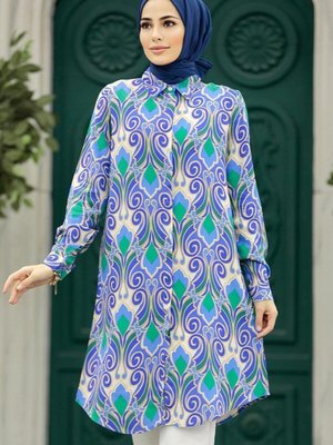 Desenli İndigo Mavisi Viskon Tunik