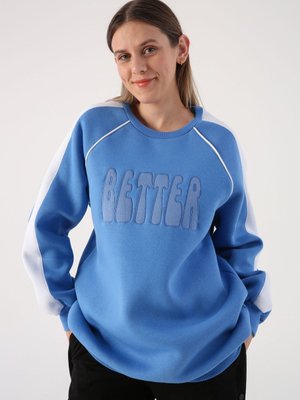 Mavi01 Kontrast Garnili Nakışlı Şardonlu Sweatshirt