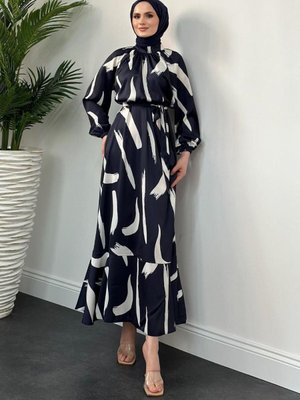 Angel Desenli Saten Elbise Lacivert Angel Desenli Saten Elbise Lacivert