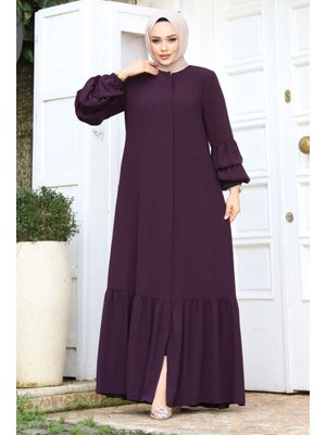 Mürdüm Çift Balon Kol Detaylı Eteği Volanlı Ferace Mürdüm Çift Balon Kol Detaylı Eteği Volanlı Ferace