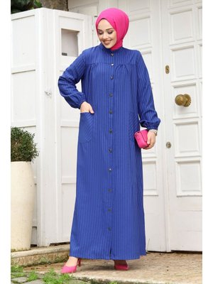 Saks Mavisi Robalı Boydan Düğmeli Cepli Ferace