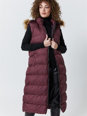 Kürklü Kapüşonlu Şişme Mürdüm Yelek