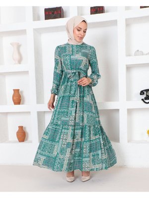 Yazlık Desenli Viskon Elbise Mint