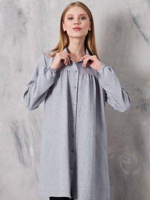 Önü Büzgülü Kolu Lastikli İthal Keten Tunik Gömlek