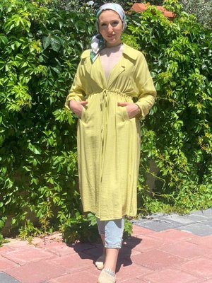 Fıstık Ceket Yaka Tünelli Uzun Kap