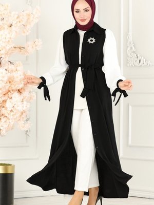 Siyah & Ekru Gizli Düğmeli Mevsimlik Ferace Siyah & Ekru Gizli Düğmeli Mevsimlik Ferace