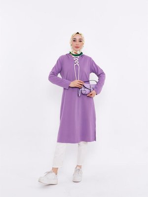 Eflin Yakadan Bağlamalı Kapüşonlu Uzun Sweatshirt Leylak