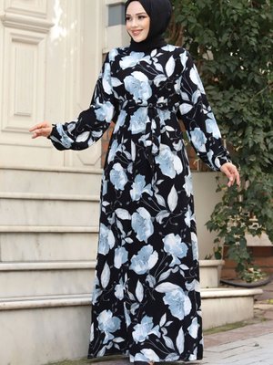 Büyük Çiçek Desenli Beli Kuşaklı Elbise