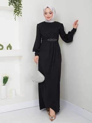 Aplike Taşlı Uzun Günlük Abiye Elbise