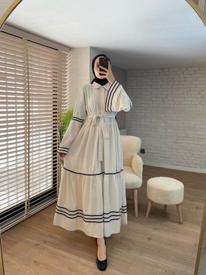 Yaka Nakışlı Keten Gömlek Elbise