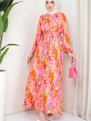 Desenli Viskon Elbise Pembe Desenli Viskon Elbise Pembe