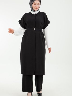 Yelekli Pantolonlu Kemerli İkili Takım Siyah