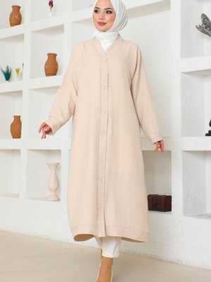 Kadın Düğmeli Keten Hırka Tesettür Kap