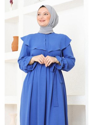 İndigo Pelerin Yaka Detaylı Kuşaklı Elbise