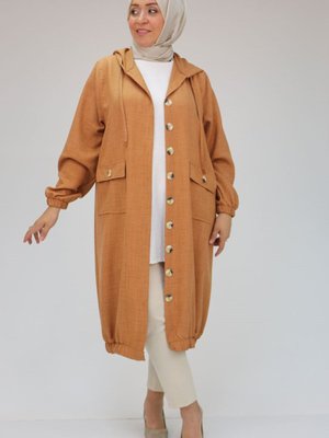 Sütlü Kahve Büyük Beden Düğmeli Cepli Keten Airobin Kap