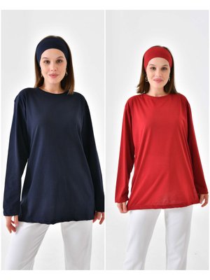 4’lü Paket Bandana Seti Lacivert Ve Kırmızı Boneli Takım Tunik Penye Oversize