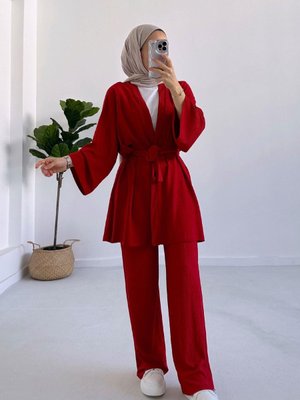 Fakir Kol Kemerli Kimono İkili Takım Bordo