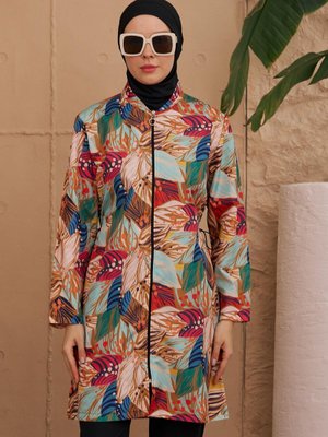 Siyah Dokuma Kumaş Bahar Desenli Tam Kapalı Mayo